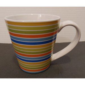 Crate & Barrel Coffee Mug Cup Orange Yellow Green Blue Stripes 12 Ounce VG Cond